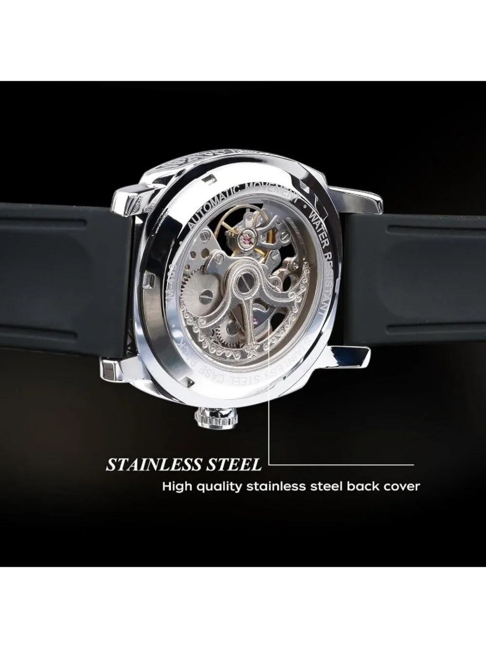Men's Black Square Mechanical Rubber Buckle Self-Wind Carved Automatic Watch - Picture 4 of 6
